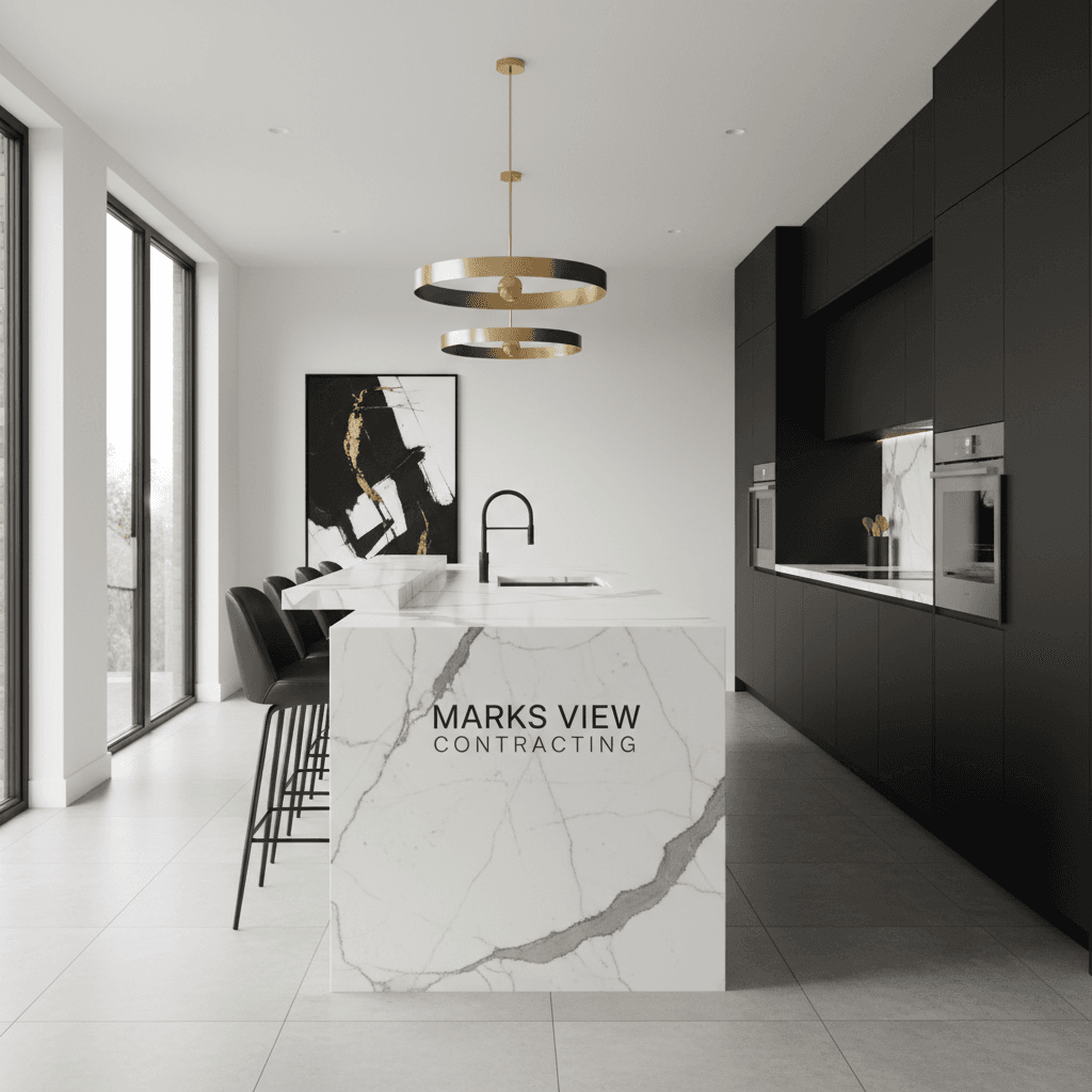Modern luxury kitchen with black cabinetry and marble island
