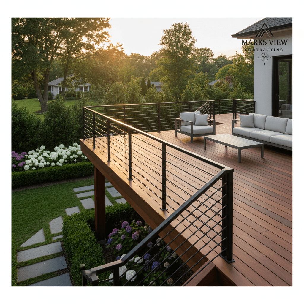 Custom premium deck with hardwood finish and black metal railings