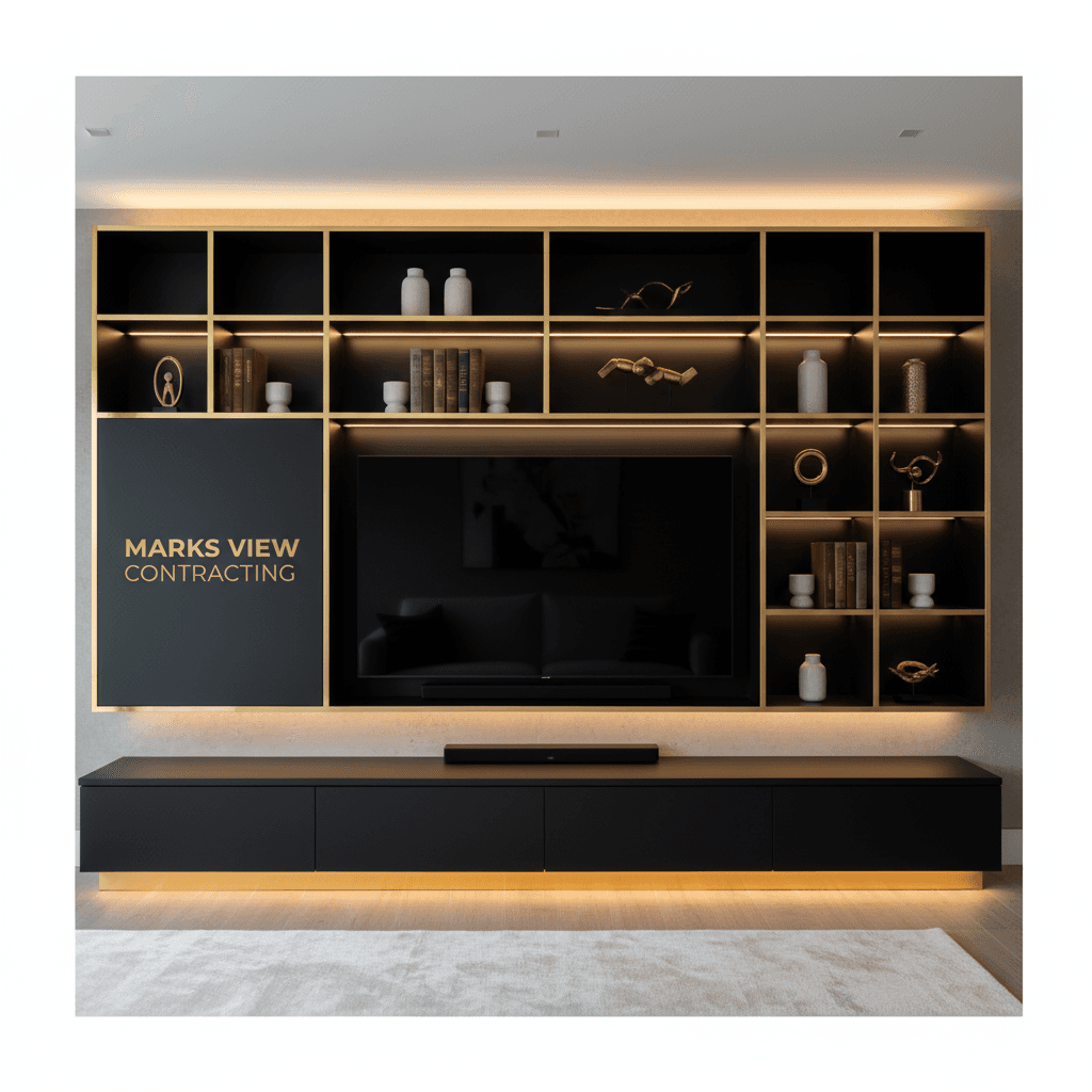 Custom media wall with black cabinetry and gold-trimmed shelving details