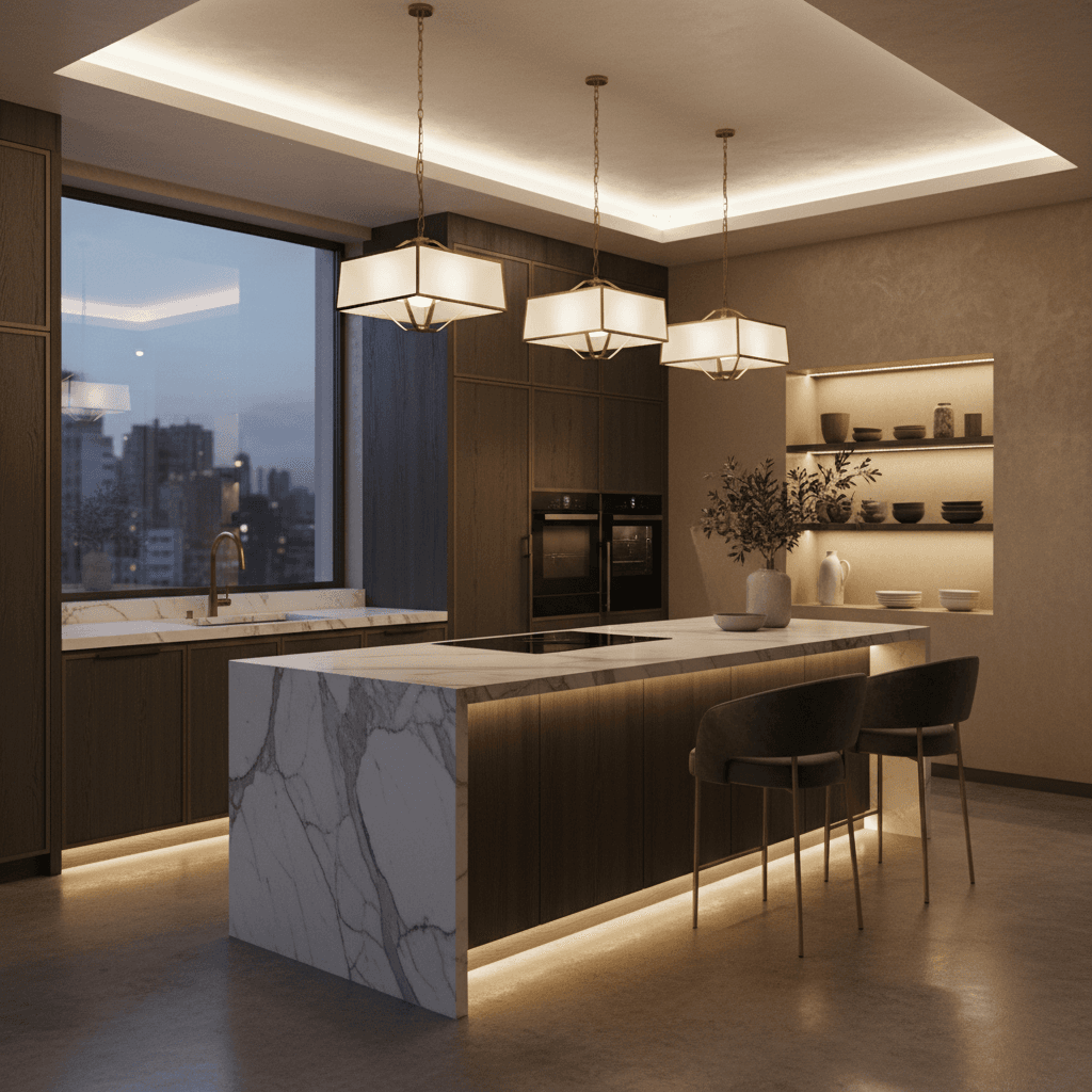 Luxury kitchen with premium materials and dramatic lighting