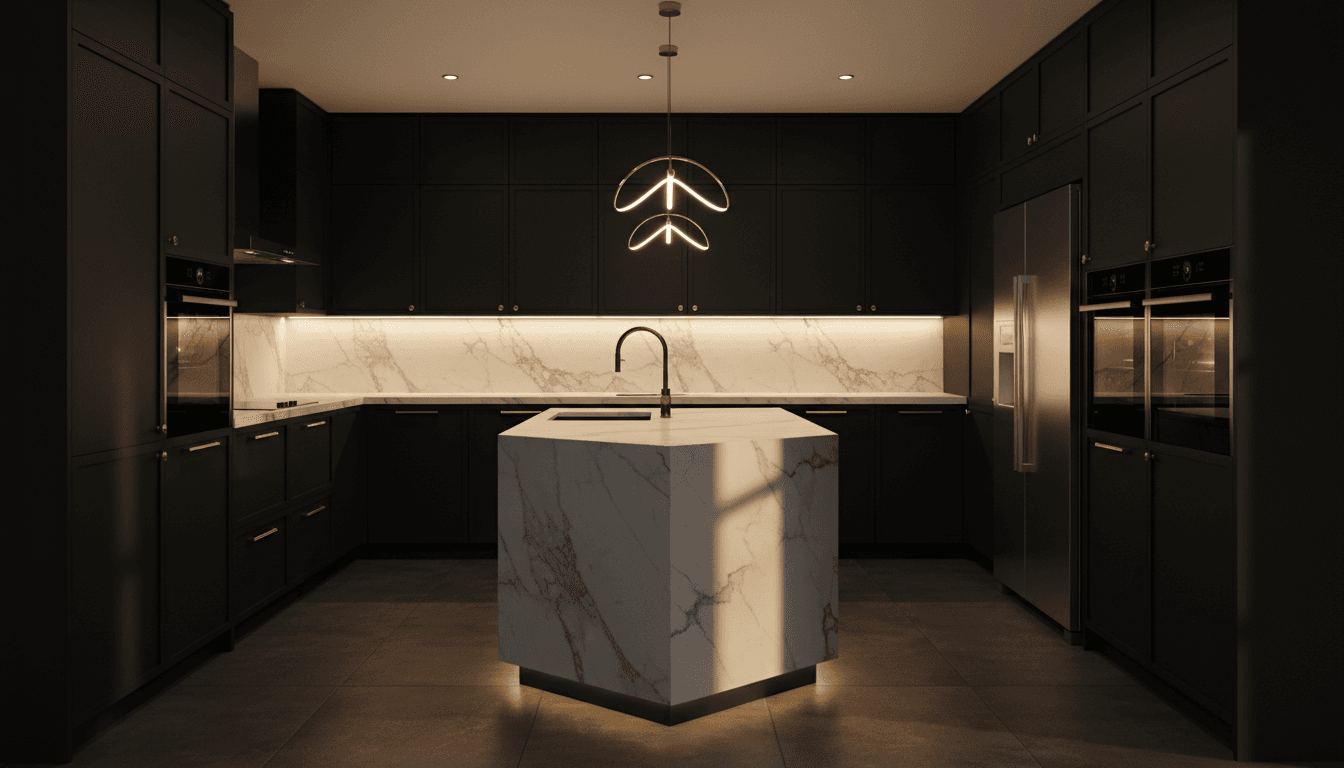 Luxury modern kitchen with black cabinetry, gold accents, and marble countertops