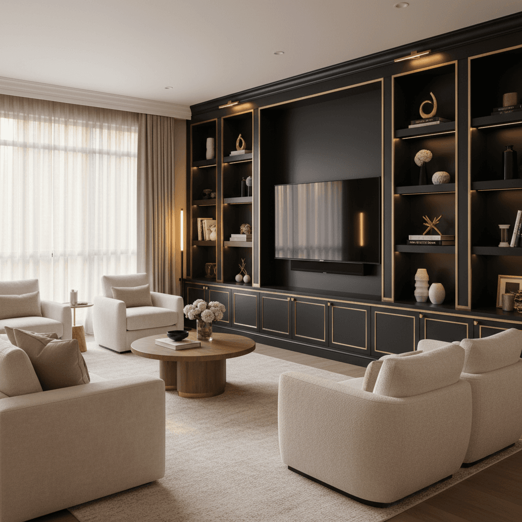 Custom media wall with black shelving and gold accents