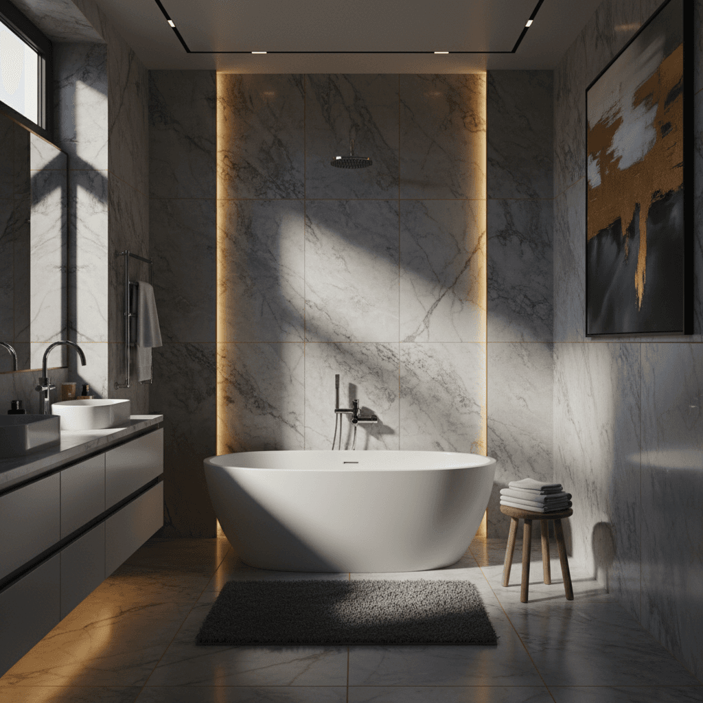 Spa bathroom with freestanding tub and marble surfaces