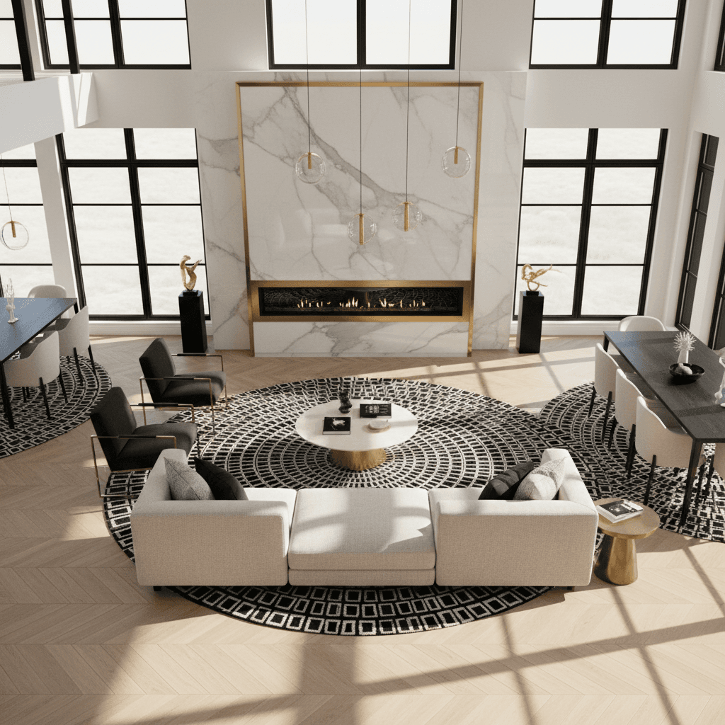 Full-home renovation living space with marble accent wall