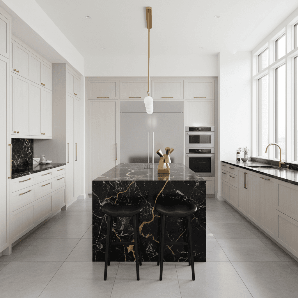 Luxury black marble kitchen island with gold veining and premium finishes