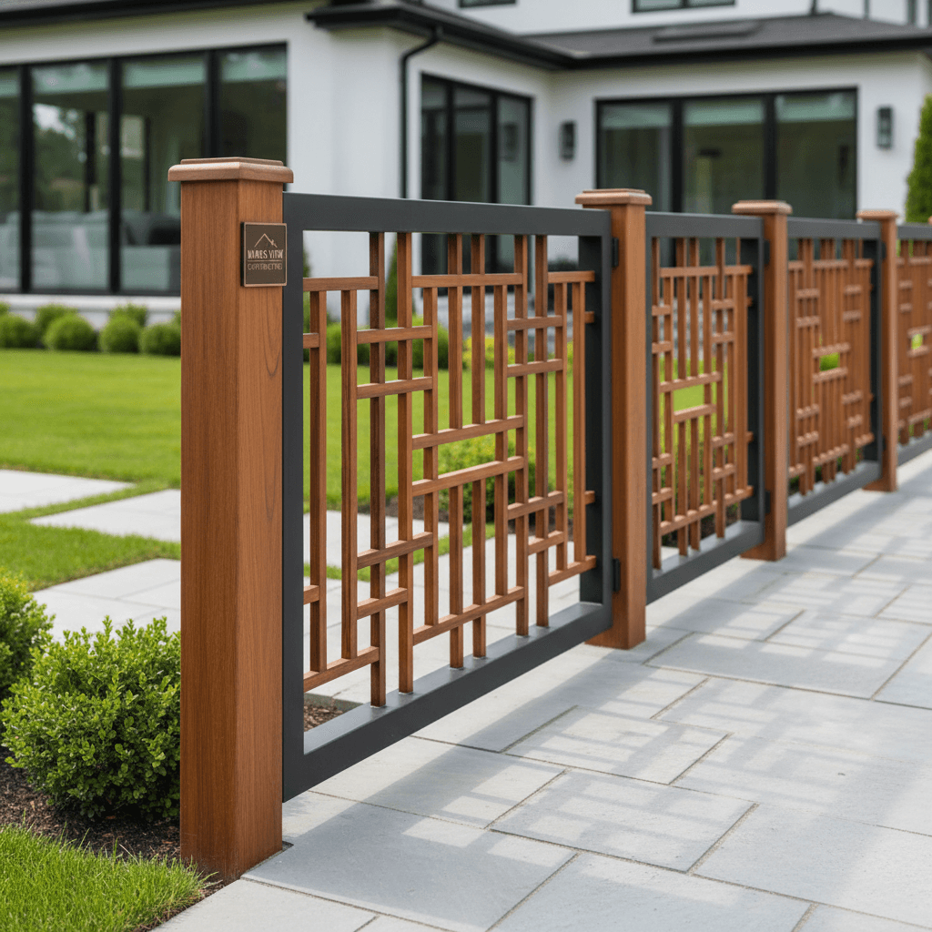 Luxurious custom fencing with intricate architectural design details in an upscale residential setting.
