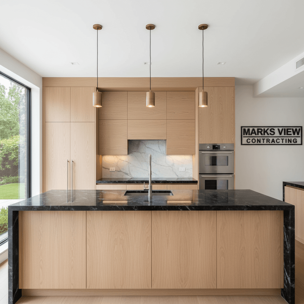 Modern luxury kitchen with white oak cabinetry and black granite countertops
