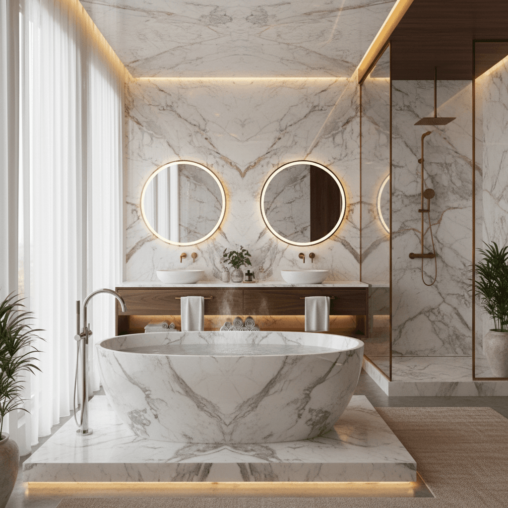 Spa bathroom with freestanding tub and marble finishes