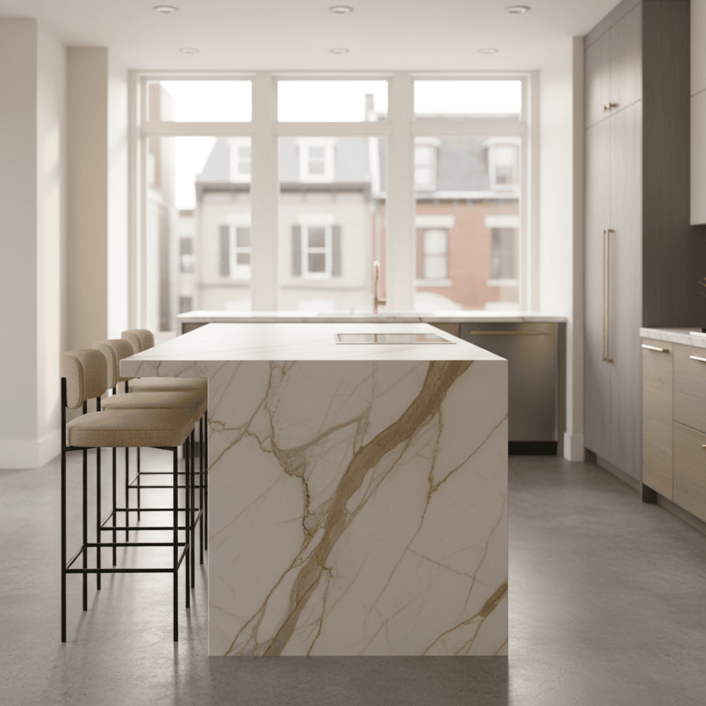 Modern luxury kitchen with marble island and premium finishes