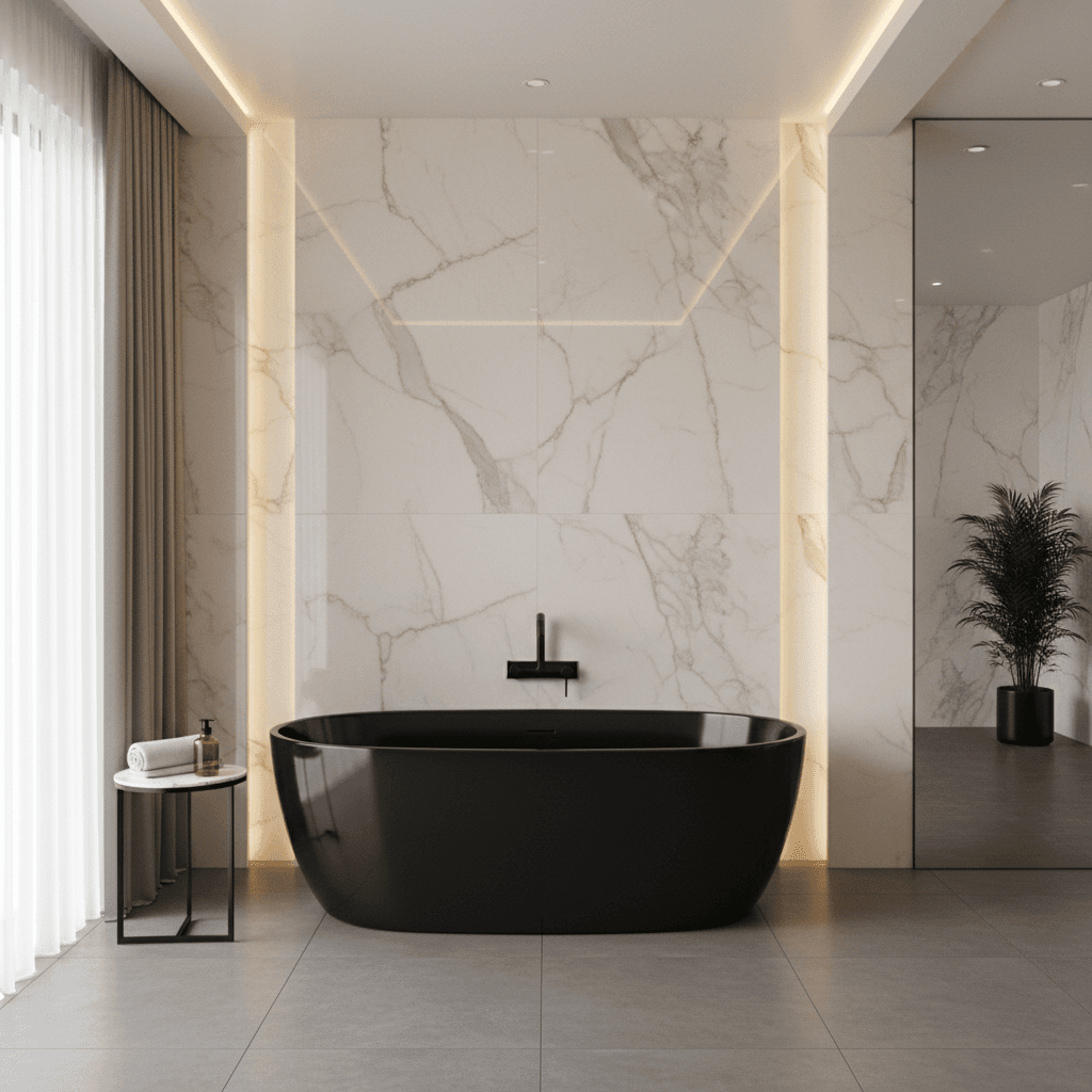 Spa-inspired bathroom with black soaking tub and marble accent wall