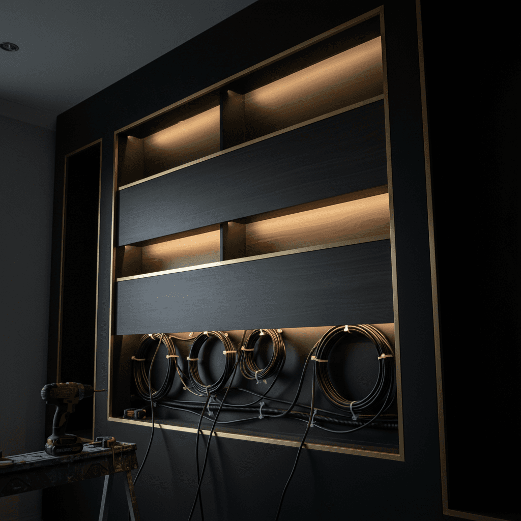 Custom media wall with built-in cabinetry and accent lighting