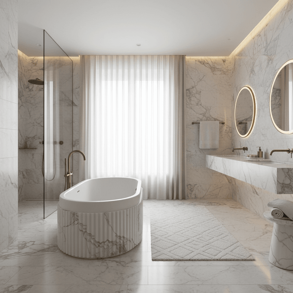 Spa bathroom with freestanding tub and marble accents