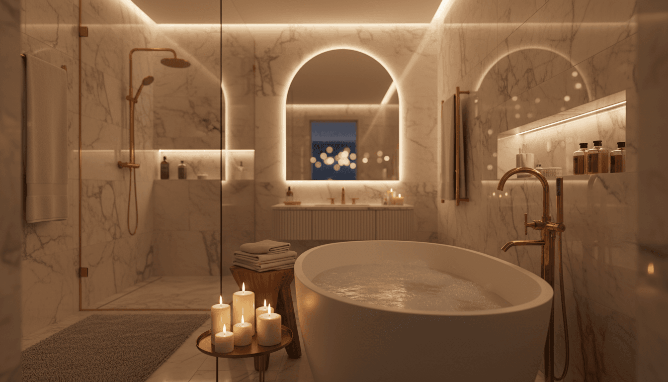 Spa bathroom with marble and warm ambient lighting