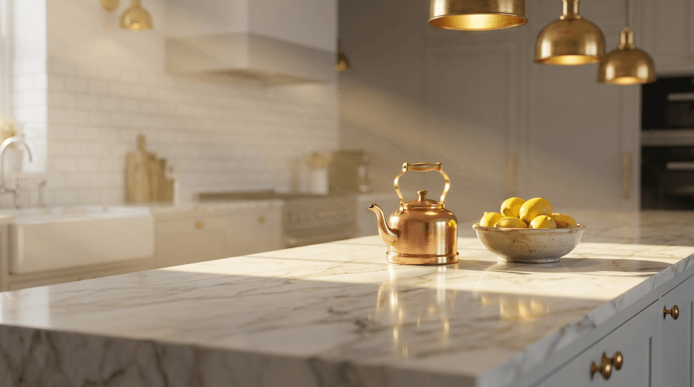 Craftsman installing luxury kitchen cabinetry with marble and gold accents