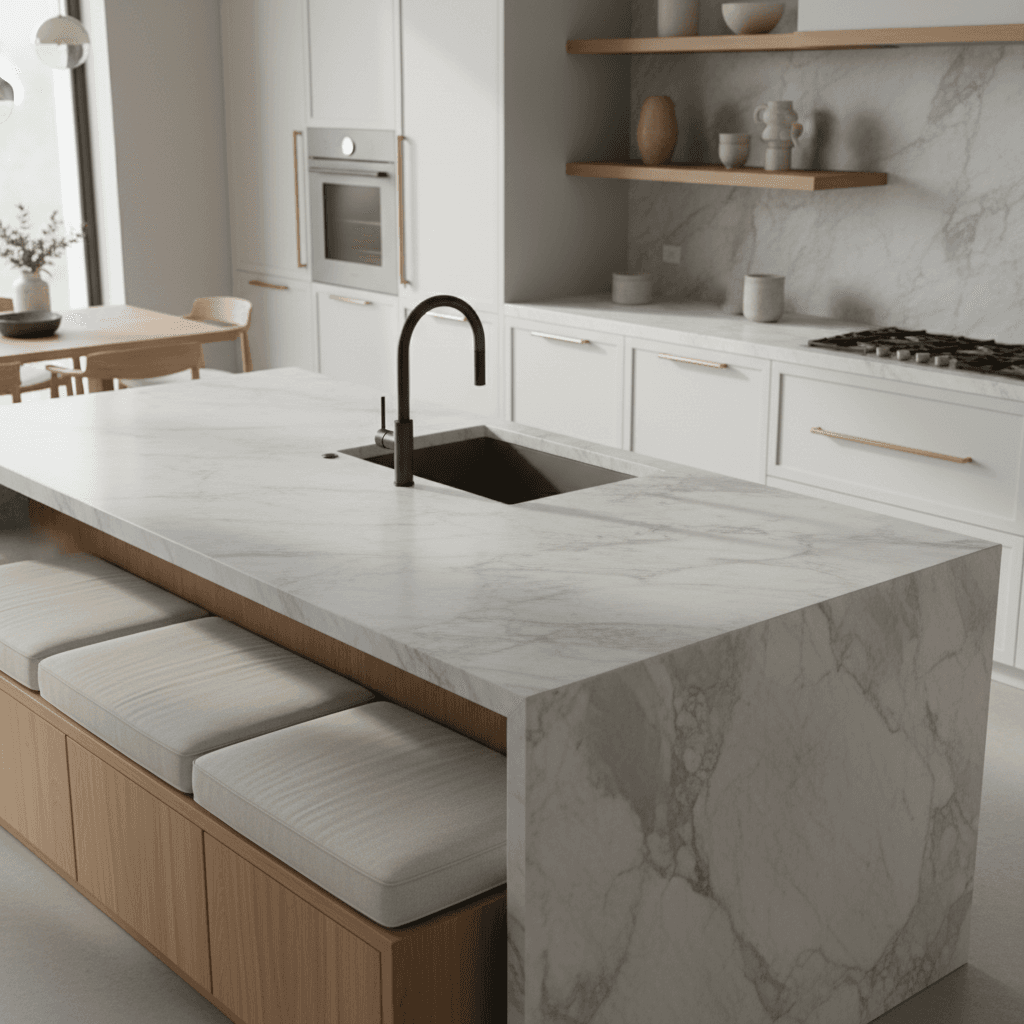 Modern luxury kitchen with black cabinetry, marble countertops, and gold accents