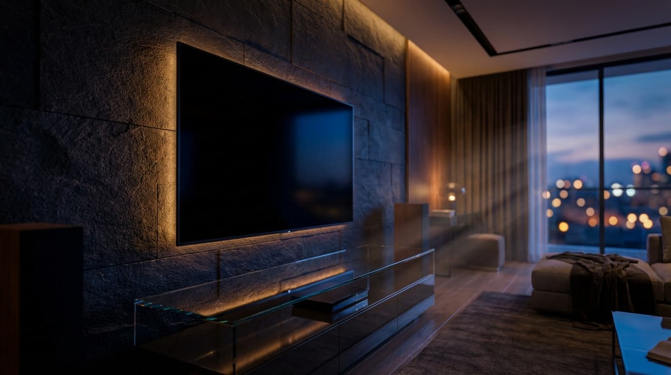 Dark home entertainment setup with television silhouette against textured wall, rimlit in warm amber and blue tones.