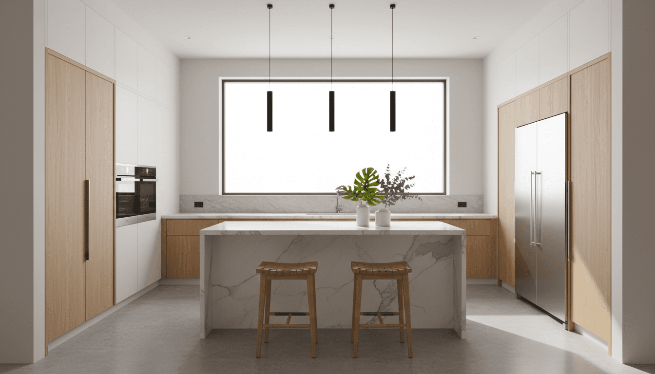 Modern luxury kitchen with black cabinetry, marble countertops, and gold accents