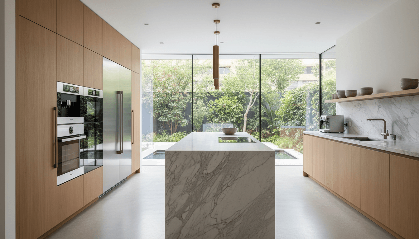 Luxury contemporary kitchen with marble island and brass fixtures in modern Philadelphia home