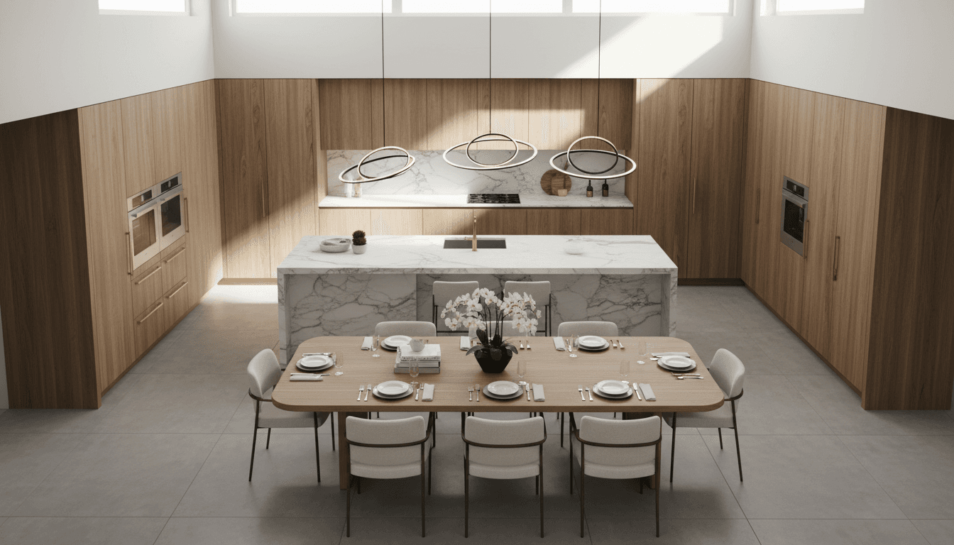 Overhead view of contemporary luxury kitchen and dining area with marble counters, wood cabinetry, and sculptural lighting
